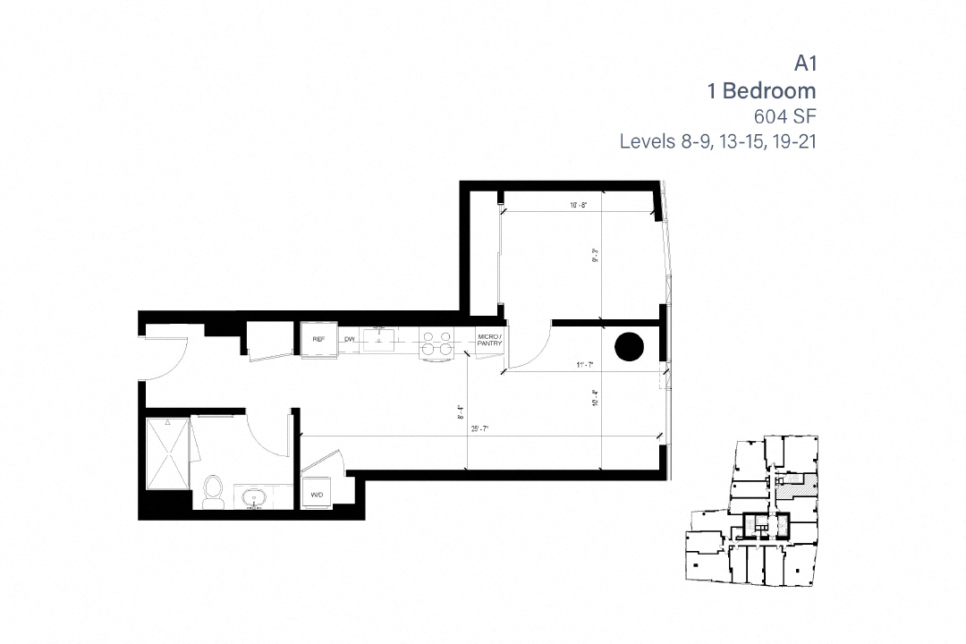 Floor plan for 1 bed, 1 bath, 604 sqft